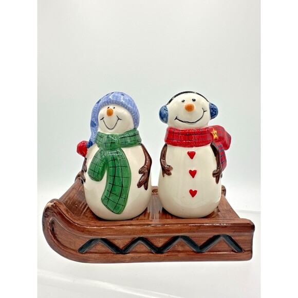 St. Nicholas Square Snowman Salt & Pepper Shakers on Sled “Button Up” Set - Picture 1 of 9